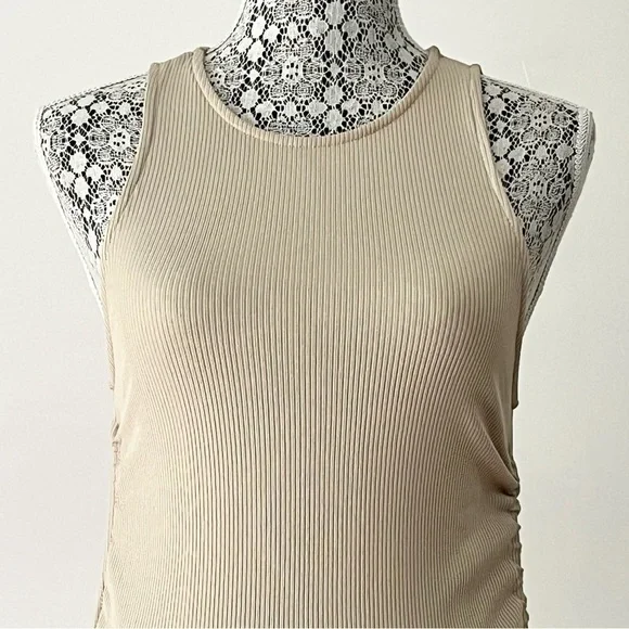 Zara Tan Ribbed Knit Ruched Drawstring Bodycon Dress Size S - Picture 2 of 15